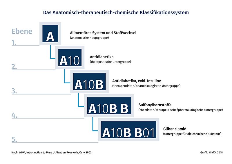 Das Schaubild zeigt, wie das anatomisch-therapeutisch-chemische Klassifikationssystem bei Arzneimitteln funktioniert.